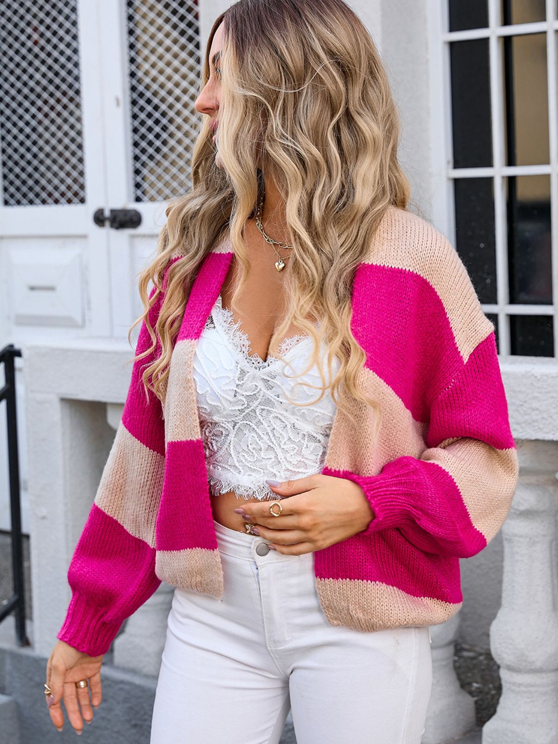 Striped Open Front Dropped Shoulder Cardigan